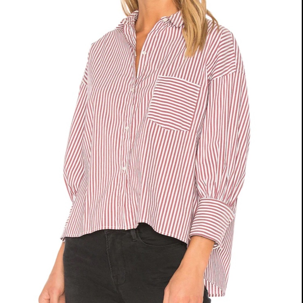 Nili Lotan Filmore Striped Button Down Shirt Size Medium Burgundy Boxy Oversized